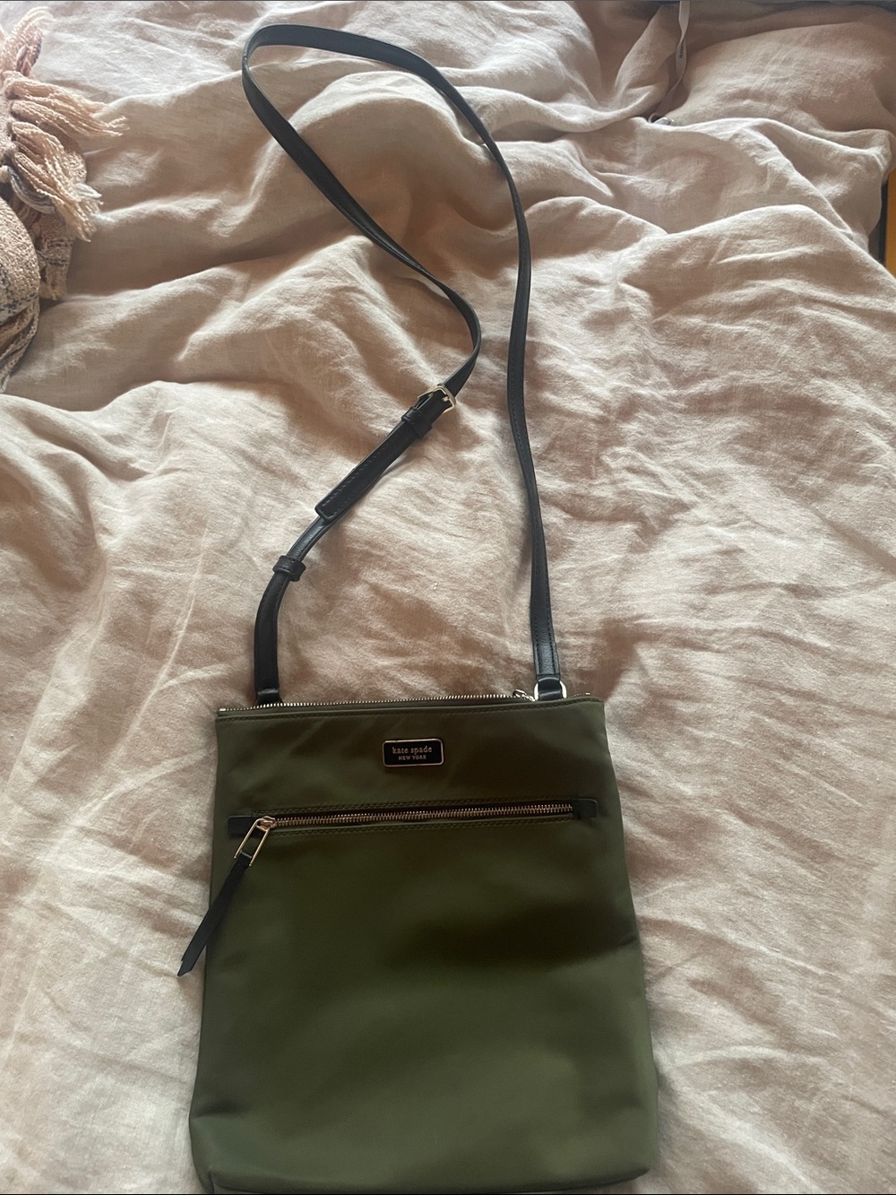 kate spade olive green nylon crossbody with black strap